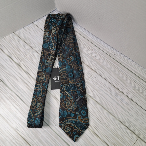 HI-TIE Mens Neck Tie NWT Black Blue Gold Paisleys 100 % Silk Handmade - Picture 4 of 14